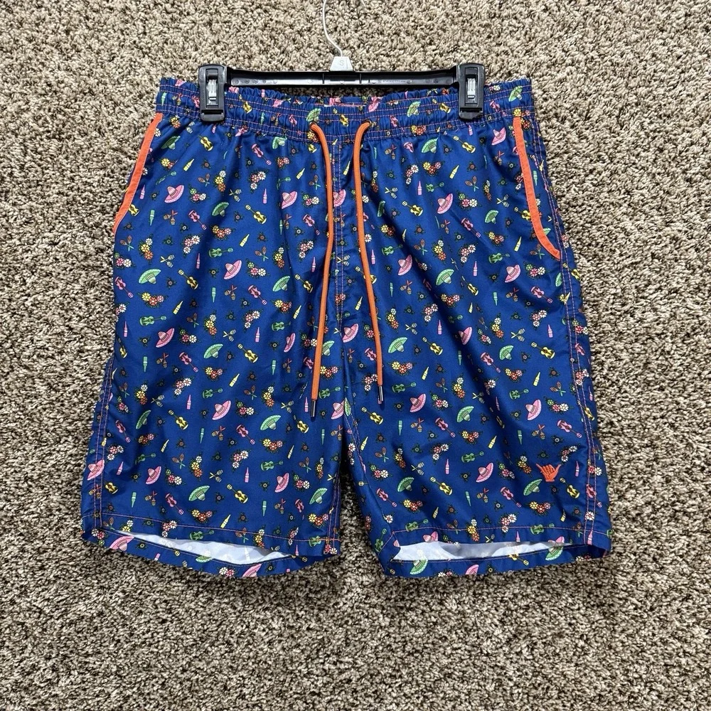 Beach Bros Swim Trunks Men's L Blue Mexican Fiesta Print Board Shorts Mesh Lined